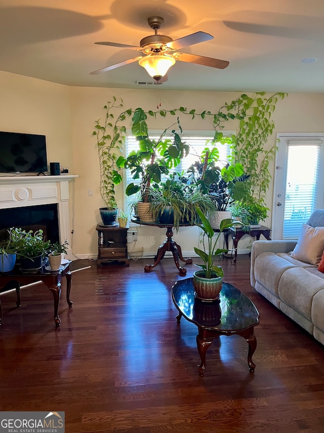 living room with dark wood-type flooring and ceiling fan