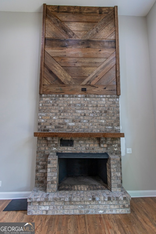 details featuring a fireplace and wood-type flooring