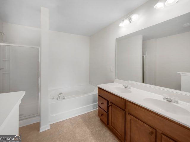 bathroom with vanity and plus walk in shower