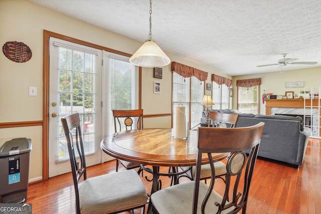 dining area with a wealth of natural light, ceiling fan, hardwood / wood-style floors, and a textured ceiling