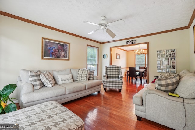 living room with ceiling fan with notable chandelier, crown molding, a textured ceiling, and wood-type flooring