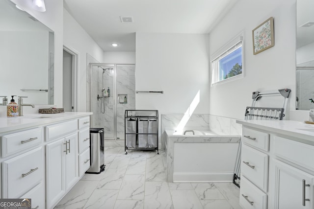 bathroom with vanity and plus walk in shower