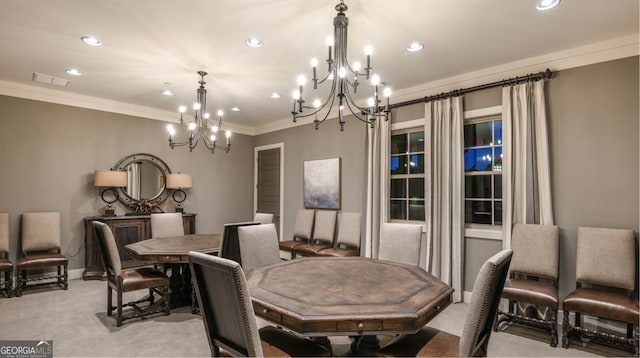 dining area with crown molding, light carpet, and a notable chandelier