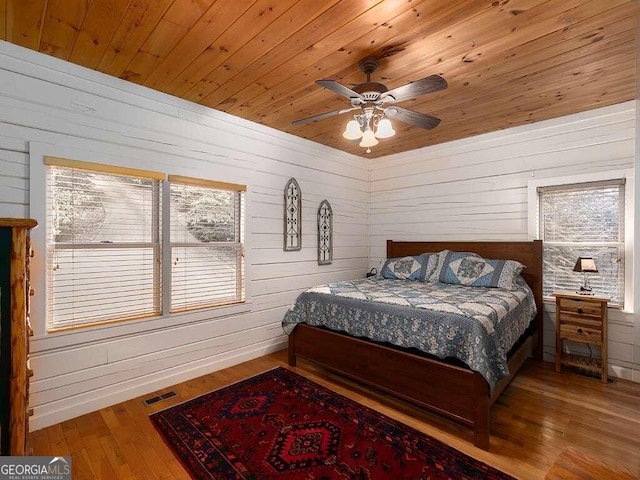 bedroom featuring ceiling fan, wood-type flooring, wooden ceiling, and wooden walls