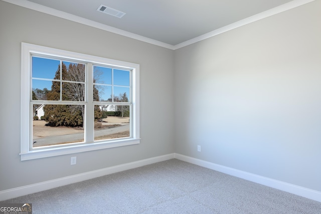 spare room with ornamental molding and carpet