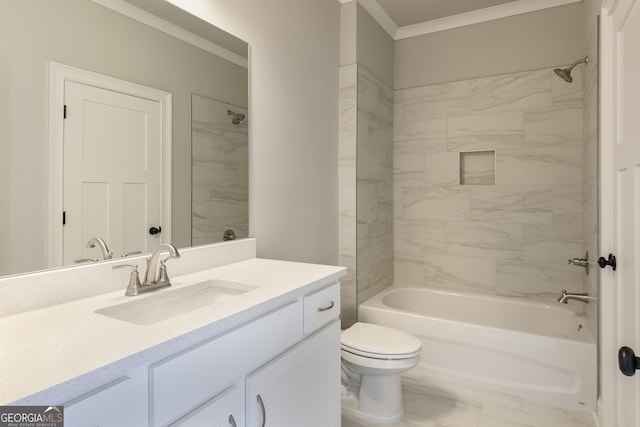 full bathroom with vanity, tiled shower / bath combo, ornamental molding, and toilet