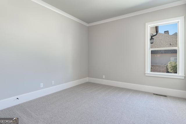 spare room featuring ornamental molding and carpet flooring