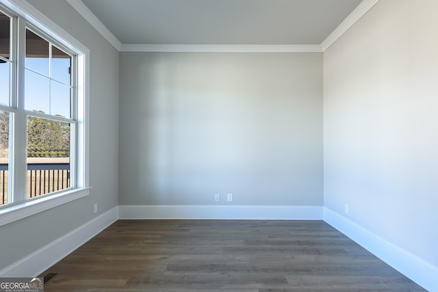 spare room with crown molding, a healthy amount of sunlight, and dark hardwood / wood-style floors