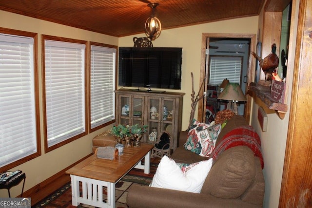 living room with wooden ceiling and lofted ceiling