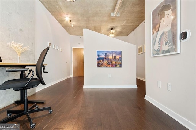 home office featuring dark wood-type flooring