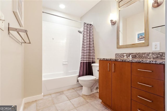 full bathroom with vanity, shower / tub combo with curtain, tile patterned floors, and toilet