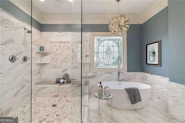 bathroom with ornamental molding, tile walls, and shower with separate bathtub