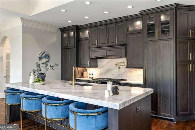 kitchen with ornamental molding, custom range hood, sink, and dark hardwood / wood-style floors