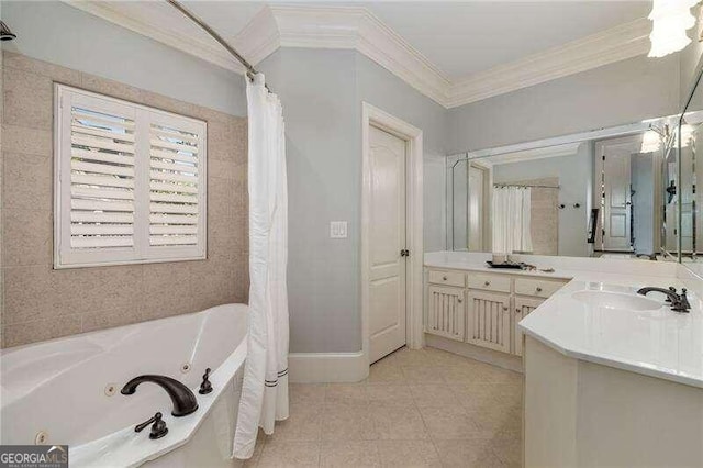 bathroom featuring crown molding, vanity, shower with separate bathtub, and tile patterned flooring