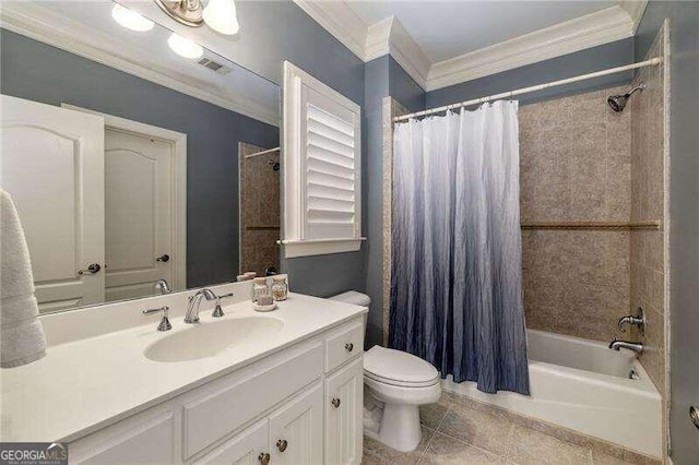 full bathroom featuring vanity, tile patterned flooring, crown molding, toilet, and shower / bathtub combination with curtain