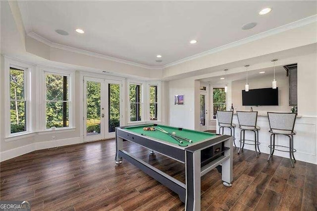 rec room with dark wood-type flooring, pool table, and french doors