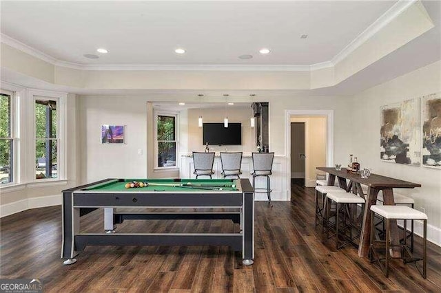 playroom with crown molding, billiards, and dark hardwood / wood-style floors