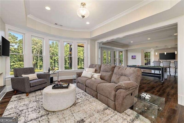 living room with ornamental molding, dark hardwood / wood-style floors, and a tray ceiling