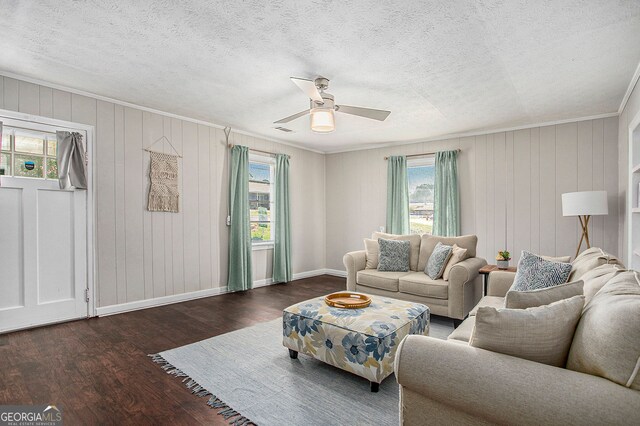 living room with ceiling fan, dark wood-type flooring, ornamental molding, wood walls, and a textured ceiling