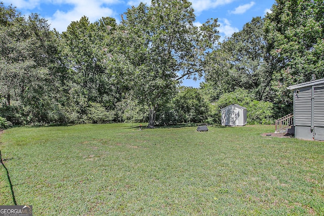 view of yard featuring a storage unit