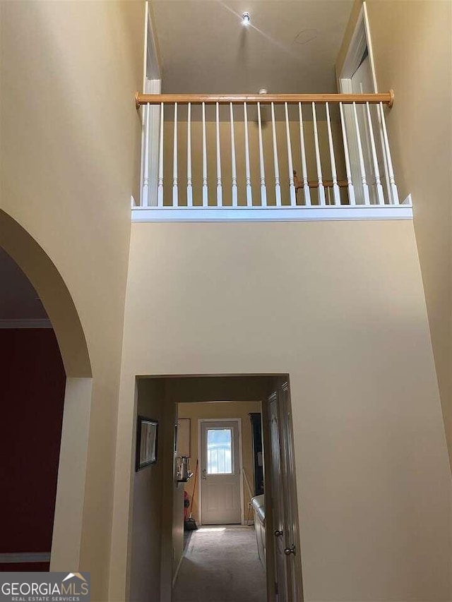 hall with a high ceiling and carpet floors