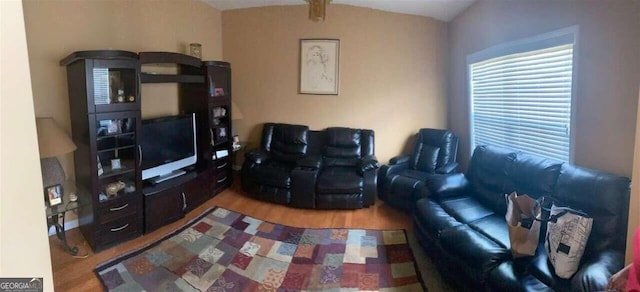 living room with lofted ceiling and hardwood / wood-style floors