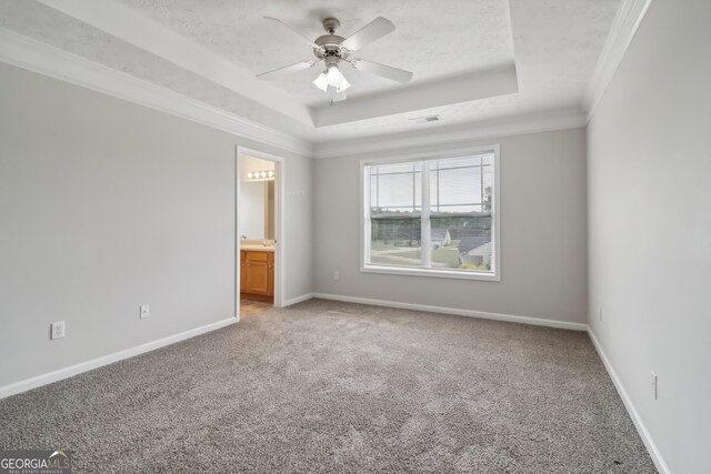 carpeted spare room featuring a tray ceiling, ornamental molding, sink, and ceiling fan