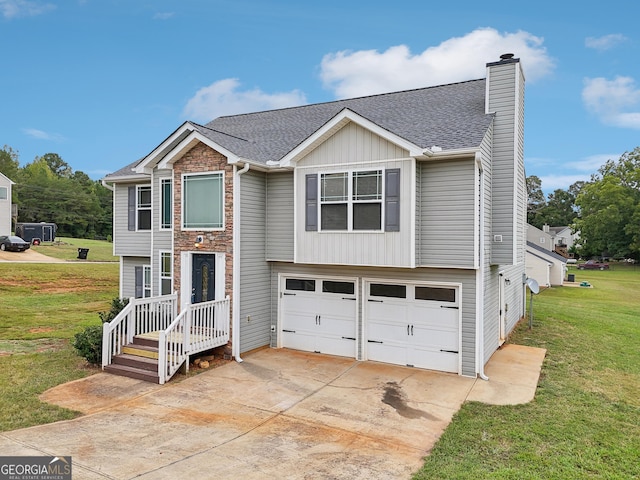 view of front of property featuring an attached garage, concrete driveway, roof with shingles, a chimney, and a front yard