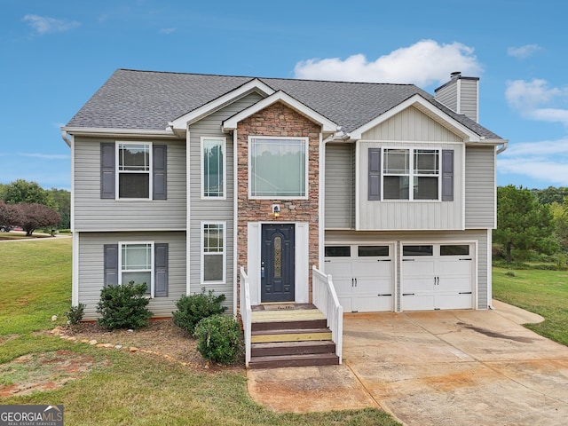 view of front of house featuring a chimney, a garage, stone siding, driveway, and a front lawn