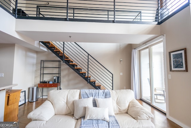 living room featuring a high ceiling