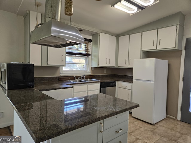 kitchen featuring white cabinetry, sink, hanging light fixtures, and appliances with stainless steel finishes