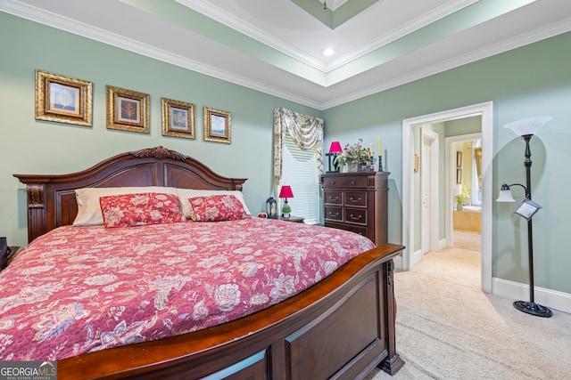 carpeted bedroom with ornamental molding