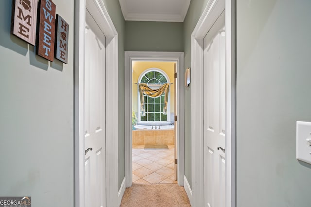 hall with light colored carpet and ornamental molding