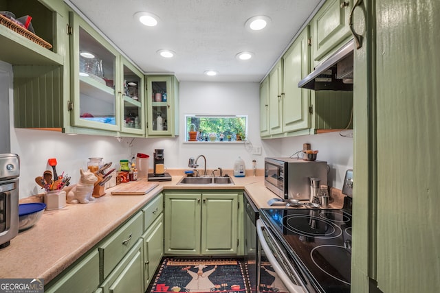 kitchen featuring green cabinets, appliances with stainless steel finishes, a textured ceiling, and sink