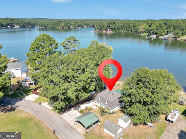 drone / aerial view featuring a water view