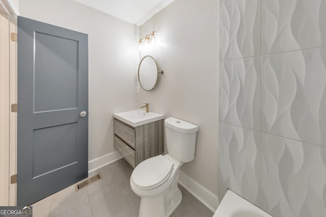 full bathroom with tile patterned floors, toilet, shower / bath combo with shower curtain, and vanity