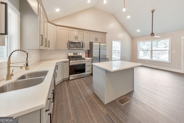 kitchen with appliances with stainless steel finishes, a kitchen island, sink, and dark hardwood / wood-style floors