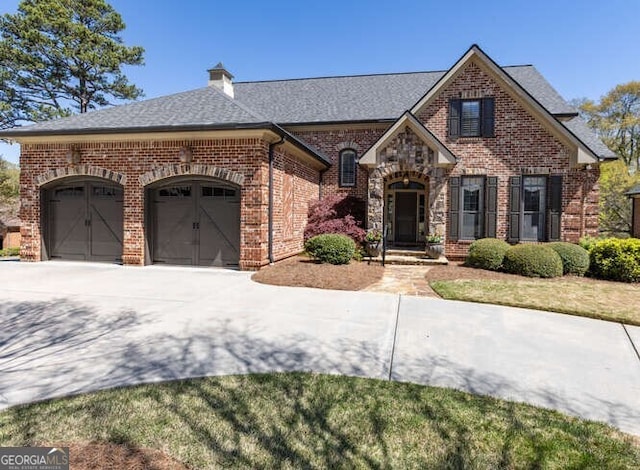 view of front facade featuring brick siding, an attached garage, driveway, and roof with shingles