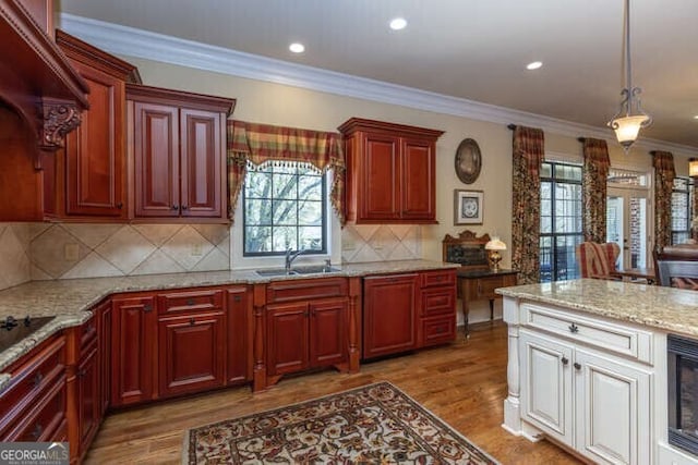 kitchen featuring pendant lighting, sink, crown molding, and light hardwood / wood-style flooring