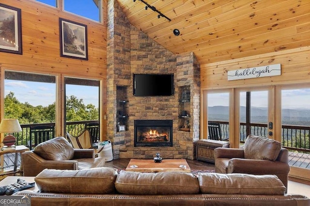 living room featuring plenty of natural light, a stone fireplace, and high vaulted ceiling