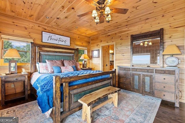 bedroom with dark wood-type flooring, ceiling fan, wooden walls, and wooden ceiling