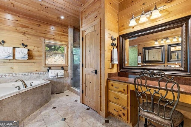 bathroom with wood ceiling, independent shower and bath, wood walls, and vanity