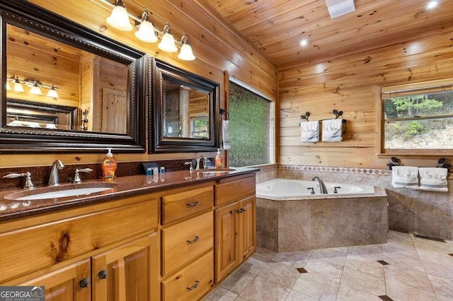 bathroom featuring wood walls, a bathing tub, wooden ceiling, and vanity