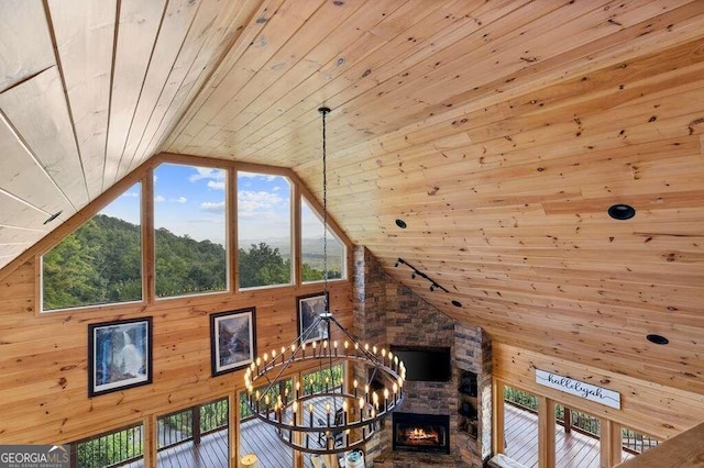 interior space with wooden ceiling, an inviting chandelier, a fireplace, and wood walls