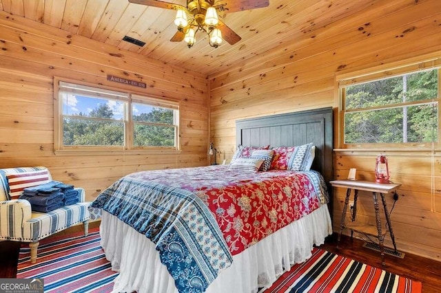 bedroom featuring hardwood / wood-style floors, ceiling fan, wood ceiling, and wooden walls