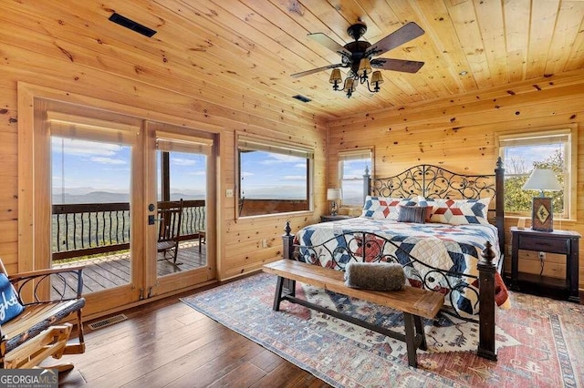 bedroom featuring hardwood / wood-style floors, wood ceiling, access to exterior, wood walls, and ceiling fan