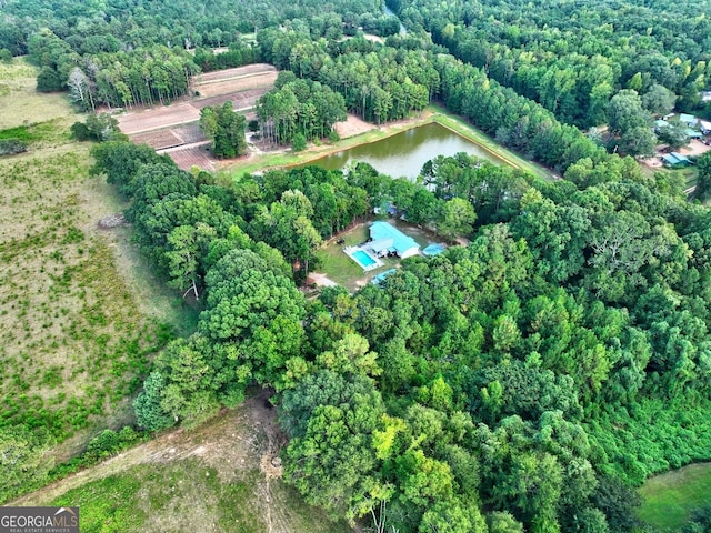 drone / aerial view with a water view