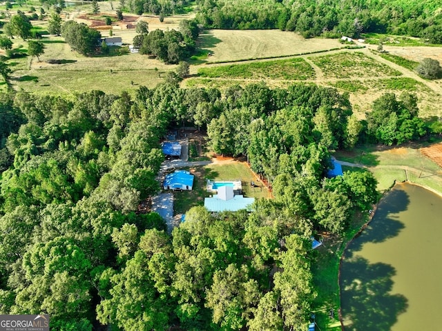 aerial view featuring a water view and a rural view