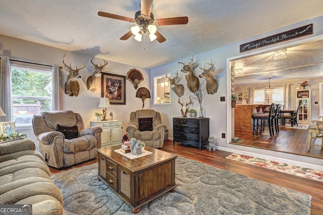 living room featuring a textured ceiling, hardwood / wood-style floors, and ceiling fan