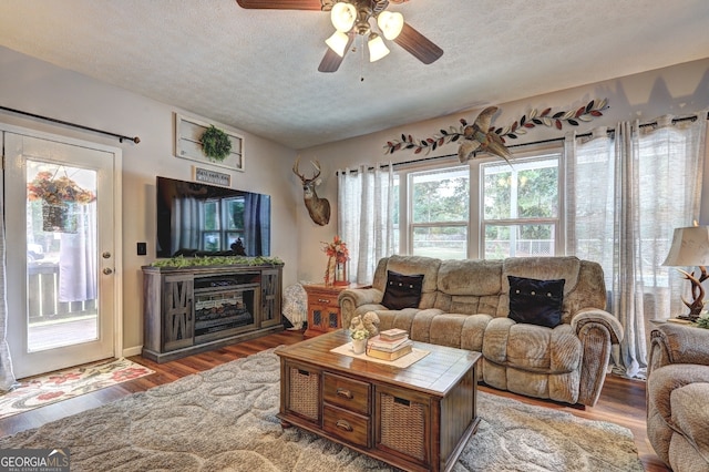 living room featuring a textured ceiling, ceiling fan, and hardwood / wood-style flooring